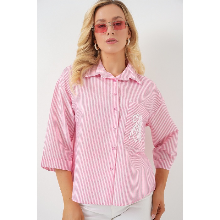 Kadın Tek Cep Nakışlı Gömlek 20328 - Pembe