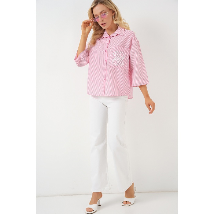 Kadın Tek Cep Nakışlı Gömlek 20328 - Pembe