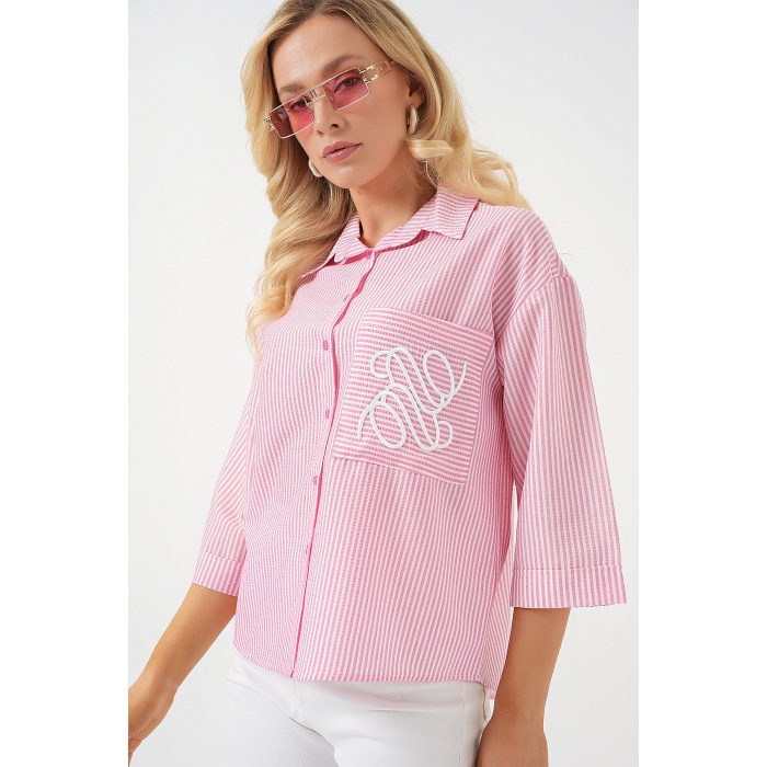 Kadın Tek Cep Nakışlı Gömlek 20328 - Pembe