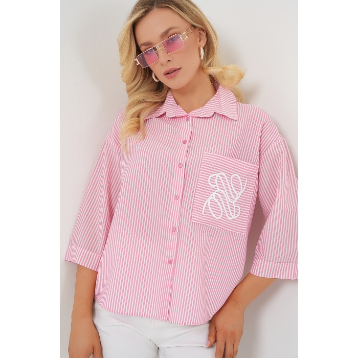 Kadın Tek Cep Nakışlı Gömlek 20328 - Pembe