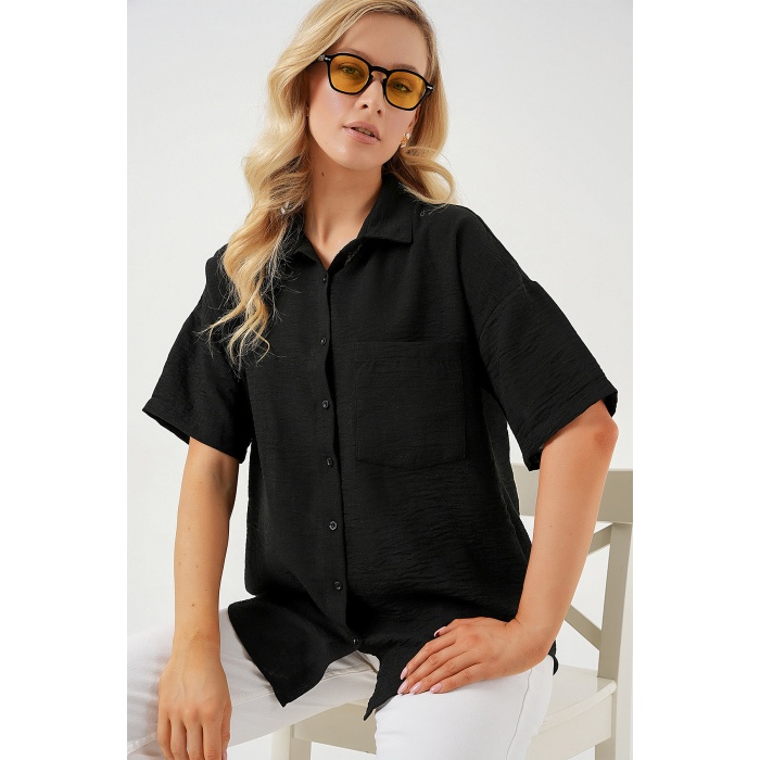 Kadın Kısa Kol Keten Görünümlü Gömlek 20336 - Siyah