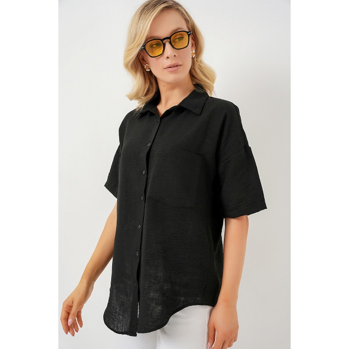 Kadın Kısa Kol Keten Görünümlü Gömlek 20336 - Siyah