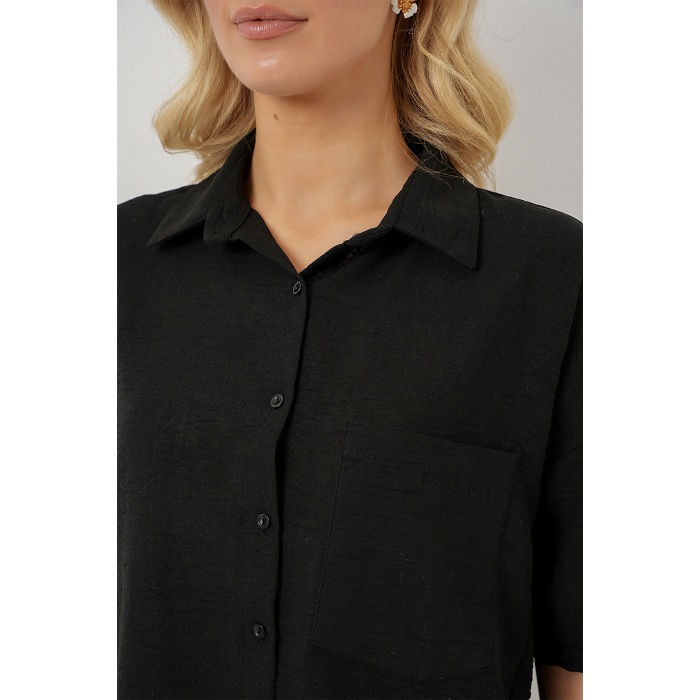 Kadın Kısa Kol Keten Görünümlü Gömlek 20336 - Siyah