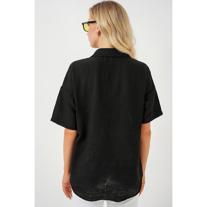 Kadın Kısa Kol Keten Görünümlü Gömlek 20336 - Siyah