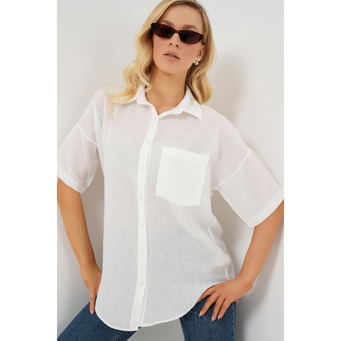 Kadın Kısa Kol Keten Görünümlü Gömlek 20336 - Beyaz