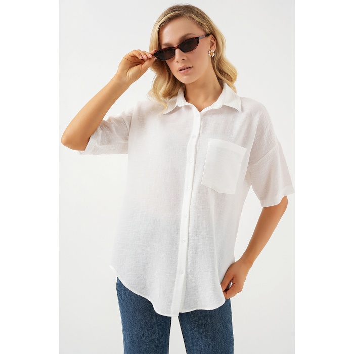 Kadın Kısa Kol Keten Görünümlü Gömlek 20336 - Beyaz
