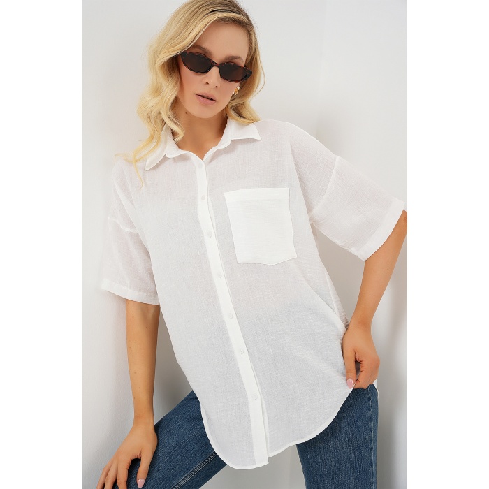 Kadın Kısa Kol Keten Görünümlü Gömlek 20336 - Beyaz