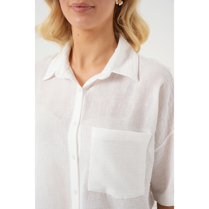 Kadın Kısa Kol Keten Görünümlü Gömlek 20336 - Beyaz