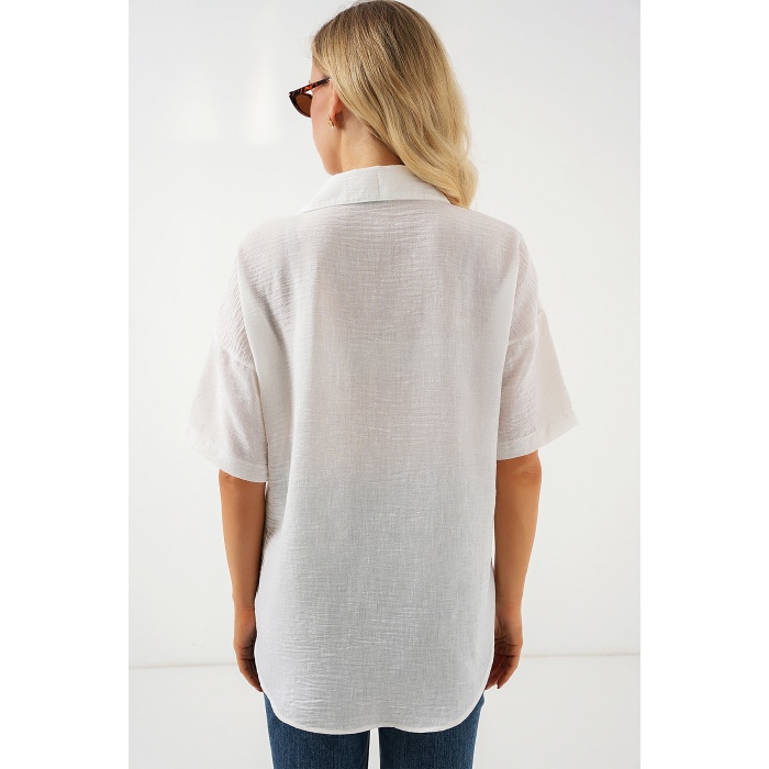 Kadın Kısa Kol Keten Görünümlü Gömlek 20336 - Beyaz
