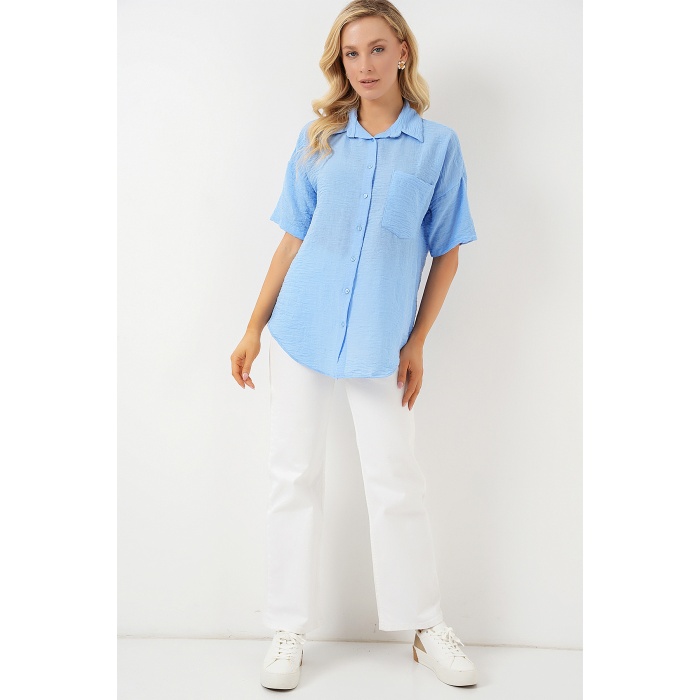 Kadın Kısa Kol Keten Görünümlü Gömlek 20336 - Mavi