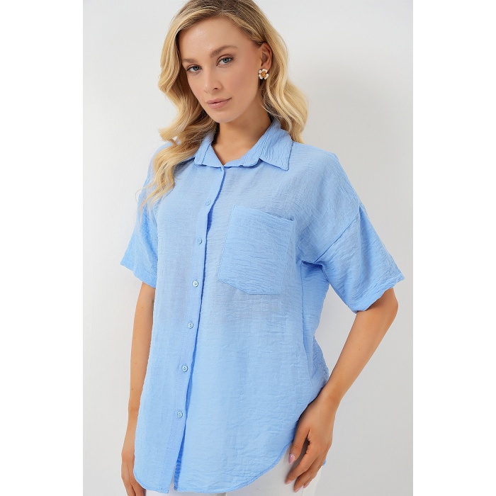 Kadın Kısa Kol Keten Görünümlü Gömlek 20336 - Mavi