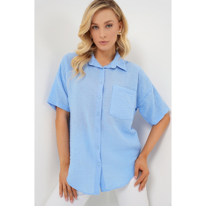 Kadın Kısa Kol Keten Görünümlü Gömlek 20336 - Mavi