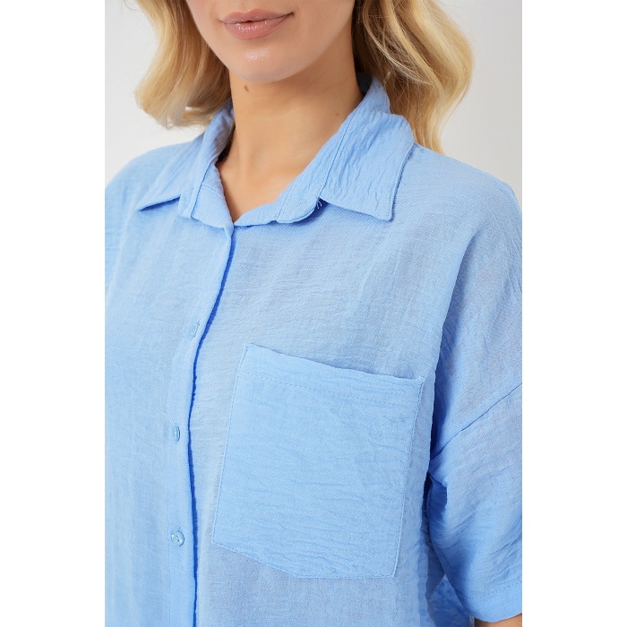 Kadın Kısa Kol Keten Görünümlü Gömlek 20336 - Mavi