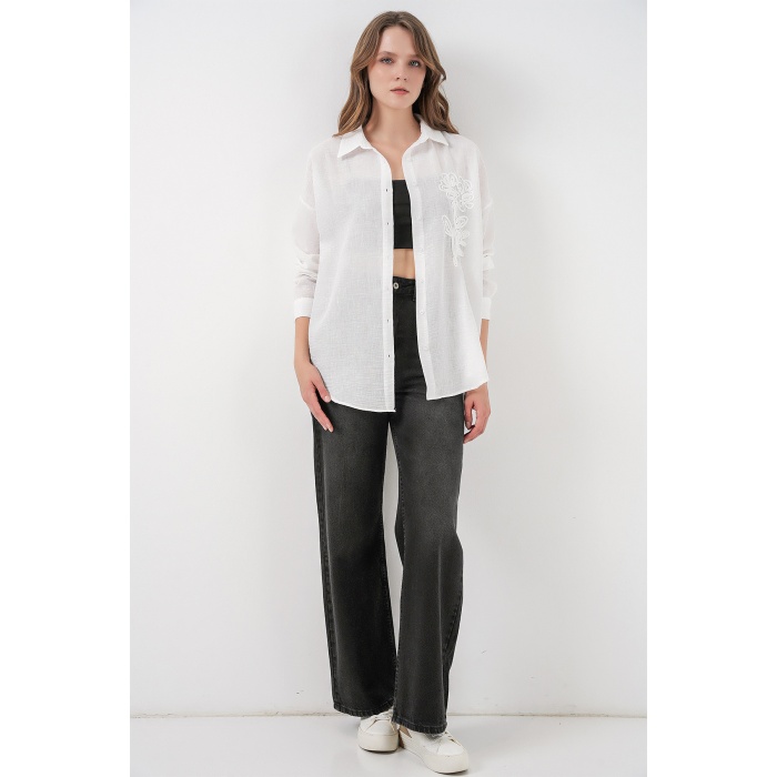 Kadın Nakışlı Oversize Gömlek 20338 - Beyaz