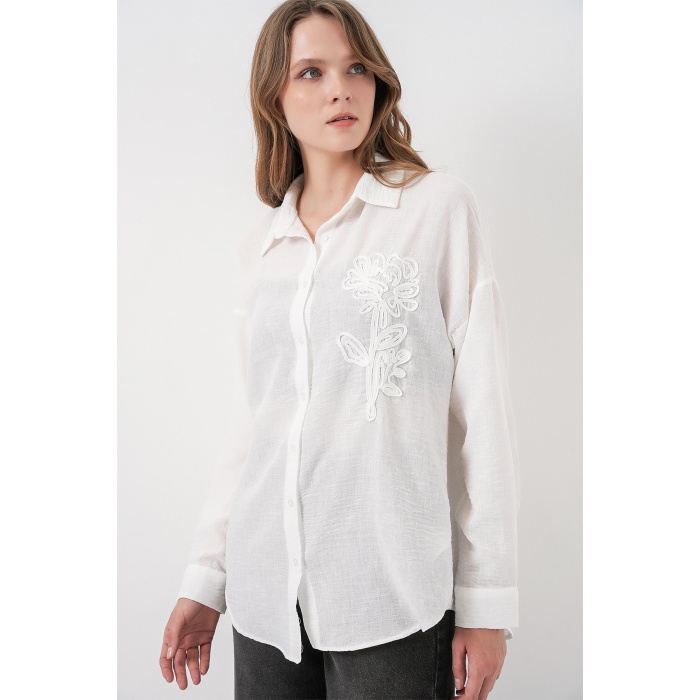 Kadın Nakışlı Oversize Gömlek 20338 - Beyaz