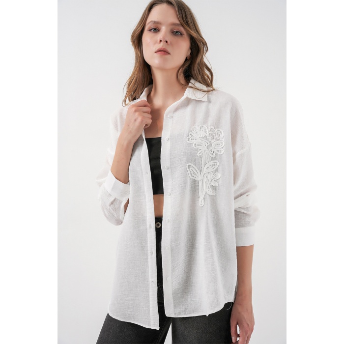 Kadın Nakışlı Oversize Gömlek 20338 - Beyaz