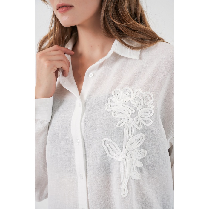 Kadın Nakışlı Oversize Gömlek 20338 - Beyaz
