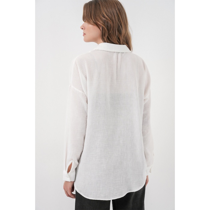Kadın Nakışlı Oversize Gömlek 20338 - Beyaz