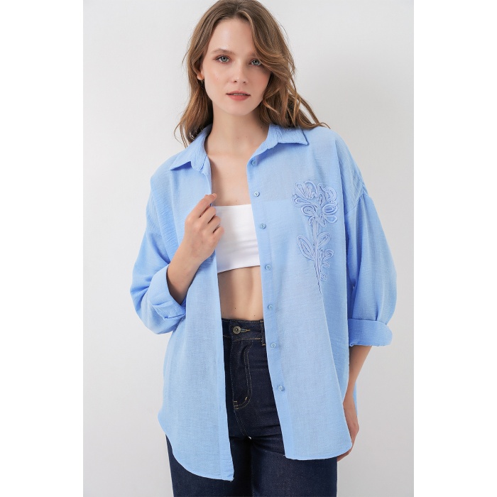 Kadın Nakışlı Oversize Gömlek 20338 - Mavi