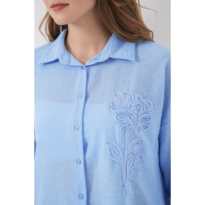 Kadın Nakışlı Oversize Gömlek 20338 - Mavi