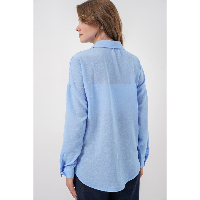 Kadın Nakışlı Oversize Gömlek 20338 - Mavi
