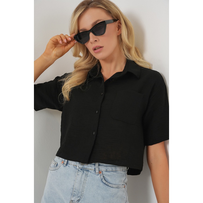 Kadın Kısa Kol Crop Gömlek 20341 - Siyah
