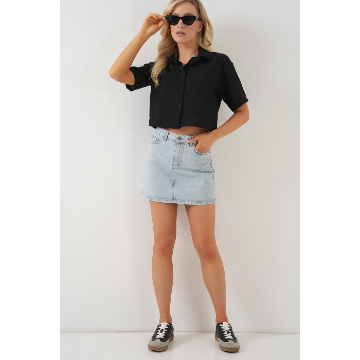 Kadın Kısa Kol Crop Gömlek 20341 - Siyah