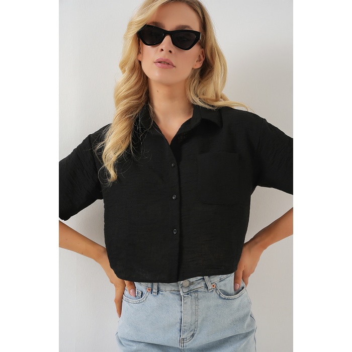 Kadın Kısa Kol Crop Gömlek 20341 - Siyah