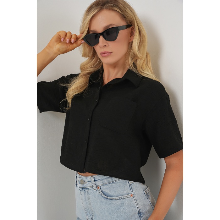 Kadın Kısa Kol Crop Gömlek 20341 - Siyah