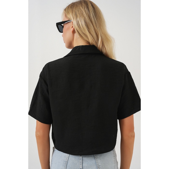 Kadın Kısa Kol Crop Gömlek 20341 - Siyah