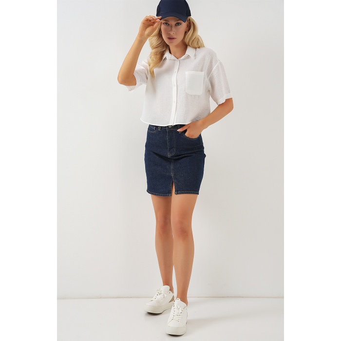 Kadın Kısa Kol Crop Gömlek 20341 - Beyaz