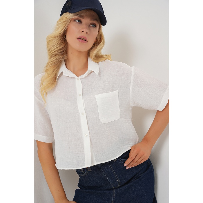 Kadın Kısa Kol Crop Gömlek 20341 - Beyaz