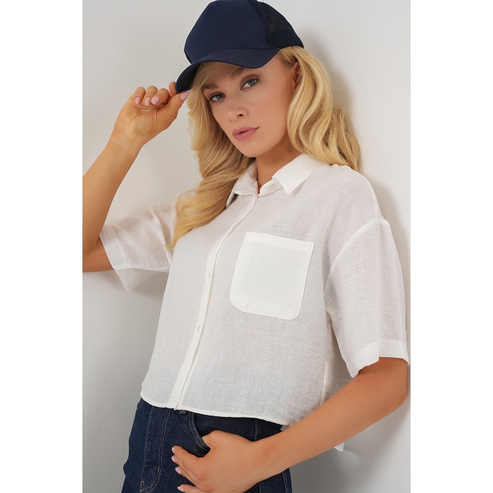 Kadın Kısa Kol Crop Gömlek 20341 - Beyaz