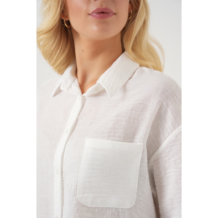 Kadın Kısa Kol Crop Gömlek 20341 - Beyaz