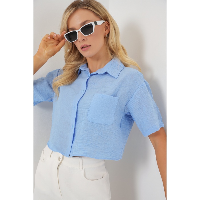 Kadın Kısa Kol Crop Gömlek 20341 - Mavi