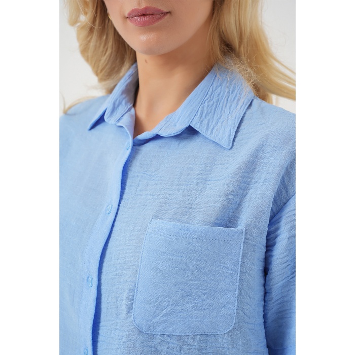 Kadın Kısa Kol Crop Gömlek 20341 - Mavi
