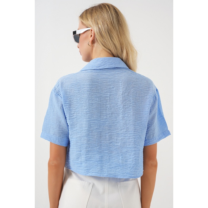 Kadın Kısa Kol Crop Gömlek 20341 - Mavi
