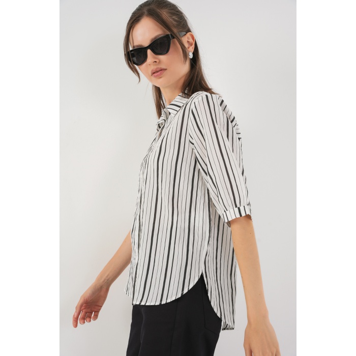 Kadın Çizgili Kısa Kol Gömlek 20345 - Siyah