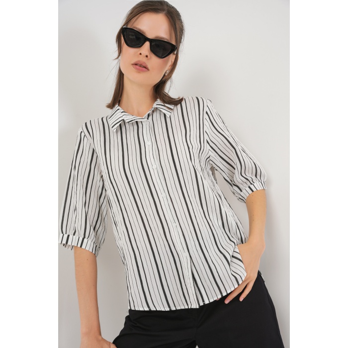Kadın Çizgili Kısa Kol Gömlek 20345 - Siyah