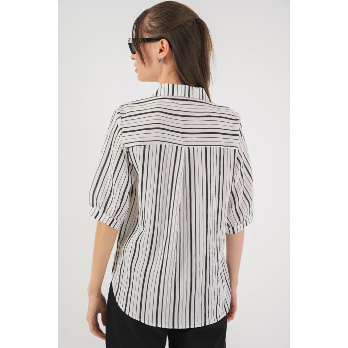 Kadın Çizgili Kısa Kol Gömlek 20345 - Siyah