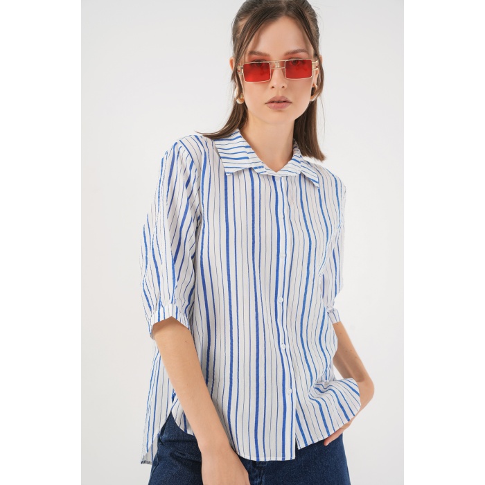 Kadın Çizgili Kısa Kol Gömlek 20345 - Mavi