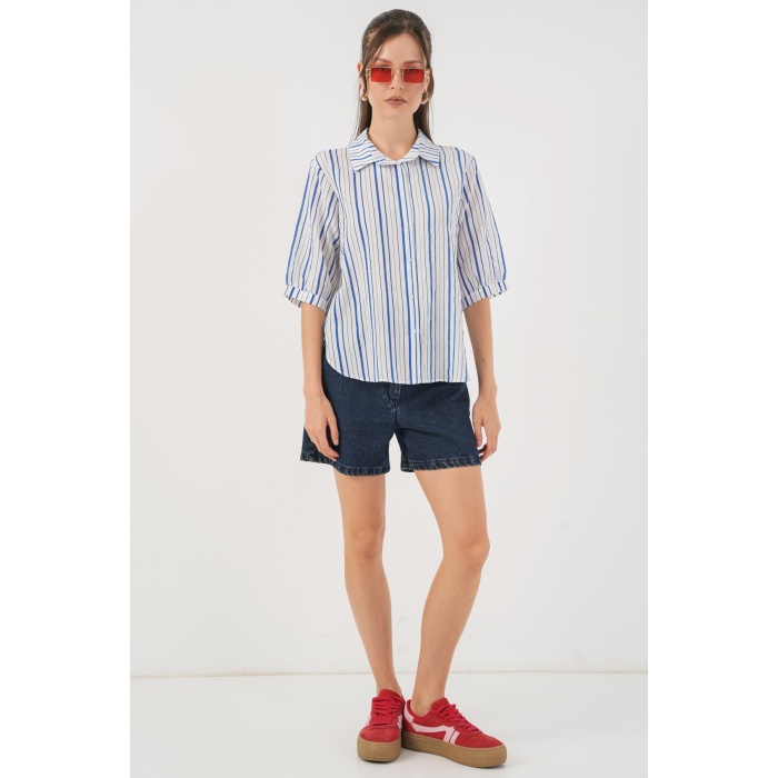 Kadın Çizgili Kısa Kol Gömlek 20345 - Mavi