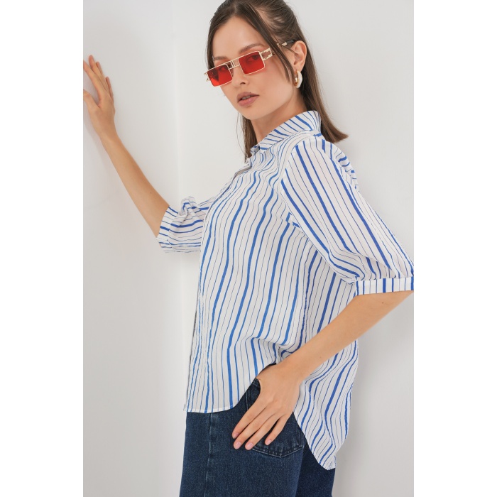 Kadın Çizgili Kısa Kol Gömlek 20345 - Mavi