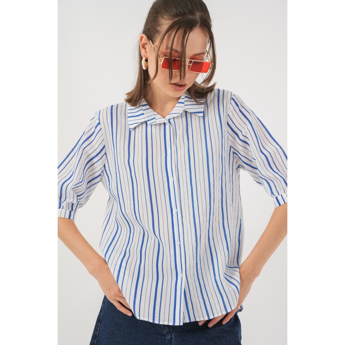 Kadın Çizgili Kısa Kol Gömlek 20345 - Mavi