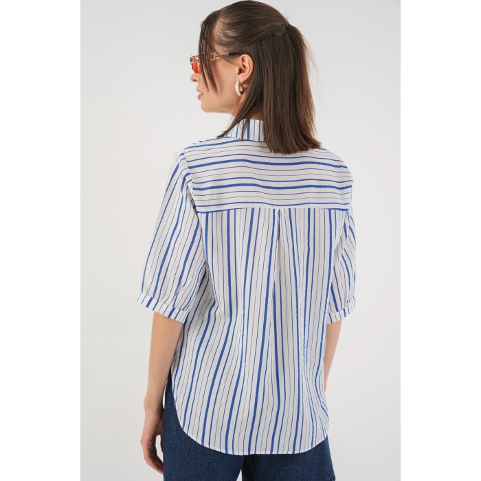Kadın Çizgili Kısa Kol Gömlek 20345 - Mavi