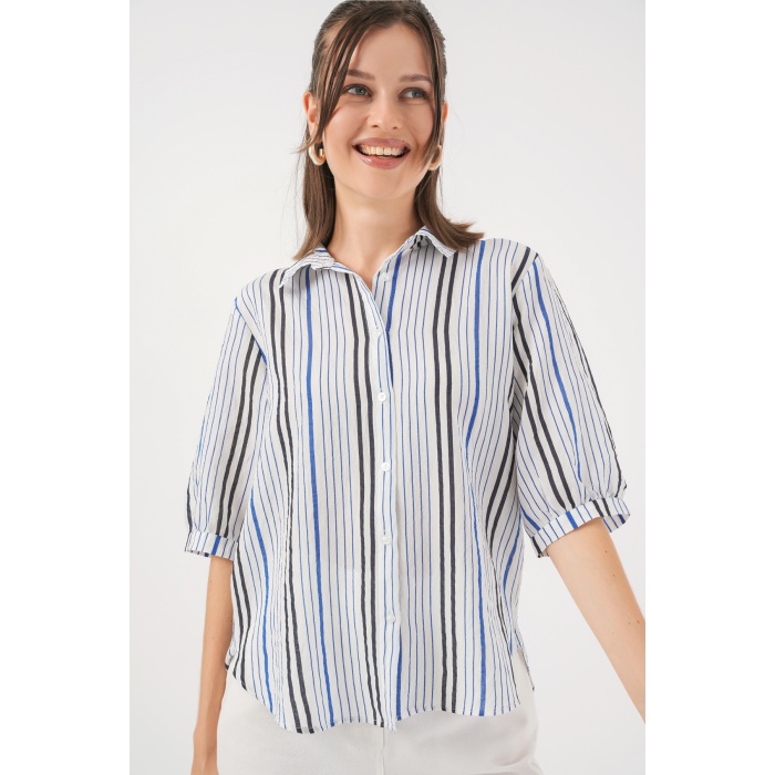 Kadın Çizgili Kısa Kol Gömlek 20345 - Lacivert