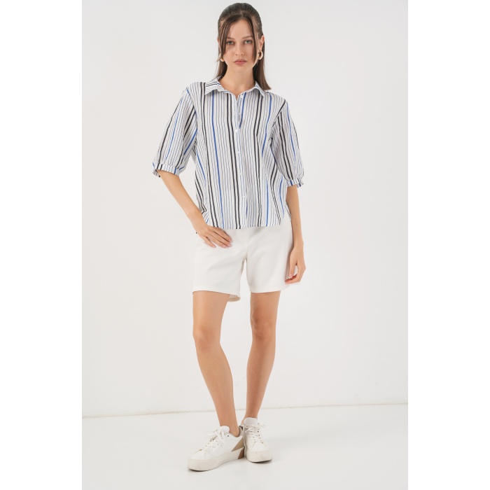 Kadın Çizgili Kısa Kol Gömlek 20345 - Lacivert