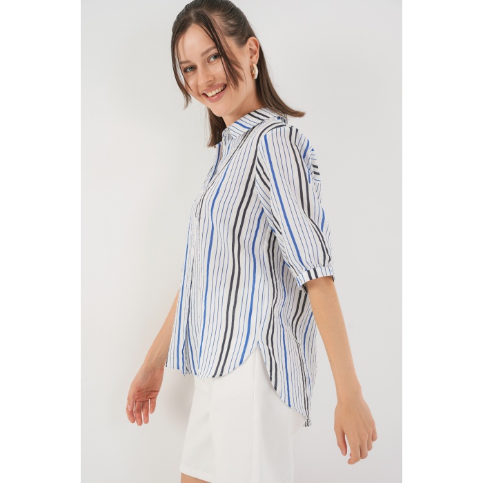 Kadın Çizgili Kısa Kol Gömlek 20345 - Lacivert