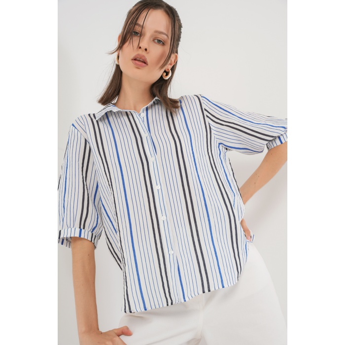 Kadın Çizgili Kısa Kol Gömlek 20345 - Lacivert