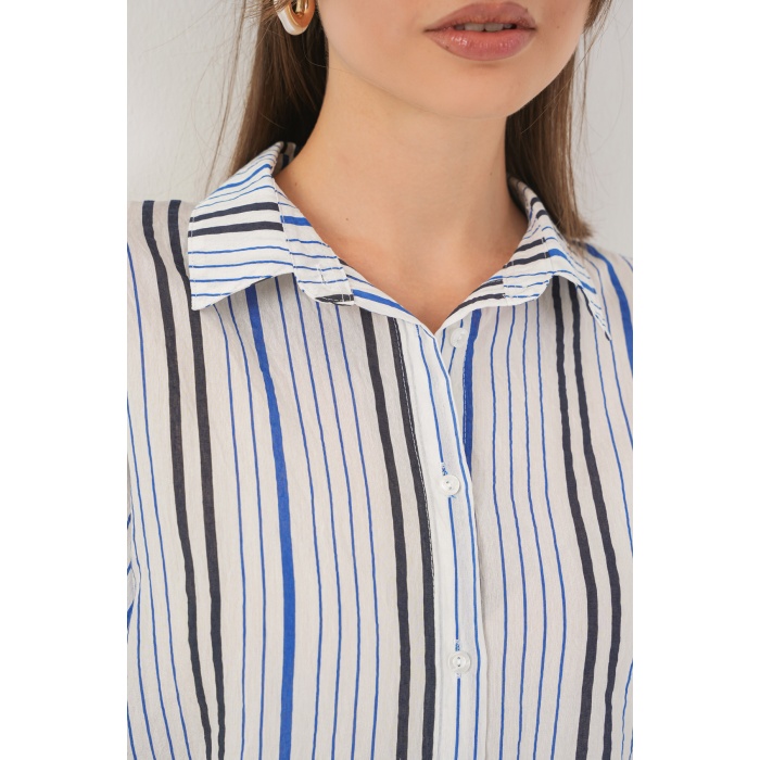 Kadın Çizgili Kısa Kol Gömlek 20345 - Lacivert